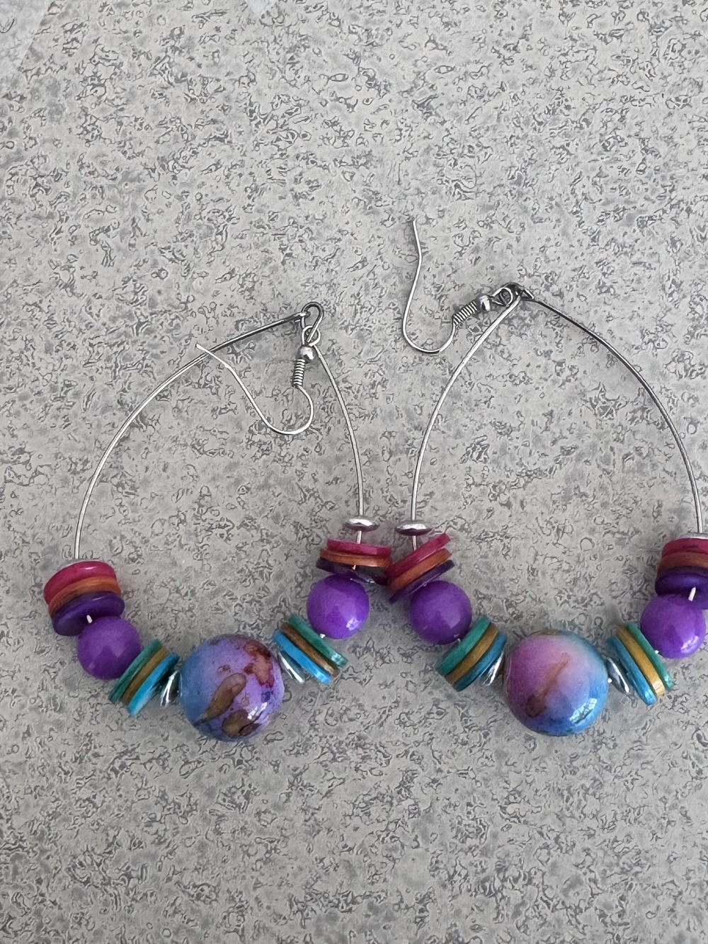 Handcrafted Purple Multicolor Bead Hoop Earrings